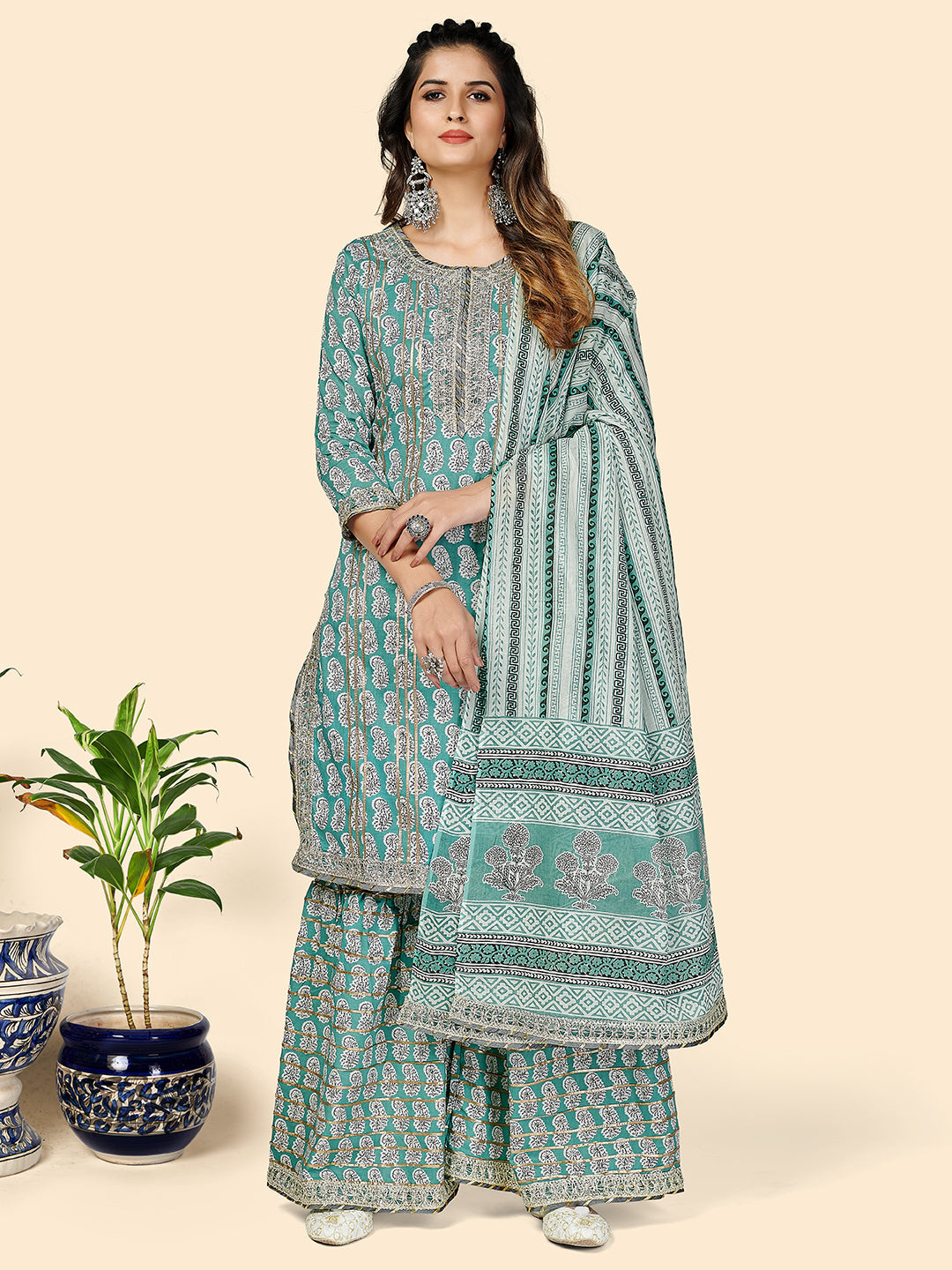 Women's Printed & Gota Patti Work Straight Cotton Aqua Stitched Kurta Sharara With Dupatta - Vbuyz