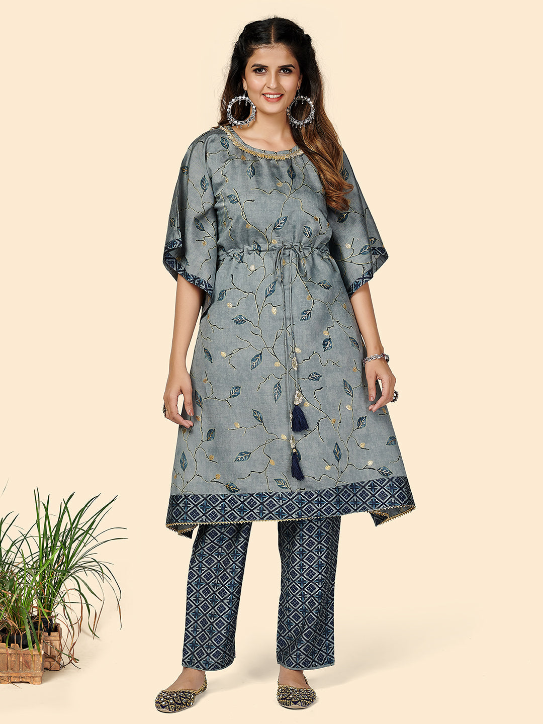 Women's Printed & Gota Patti Work  Muslin Grey Stitched Kaftan Kurta With Pant - Vbuyz