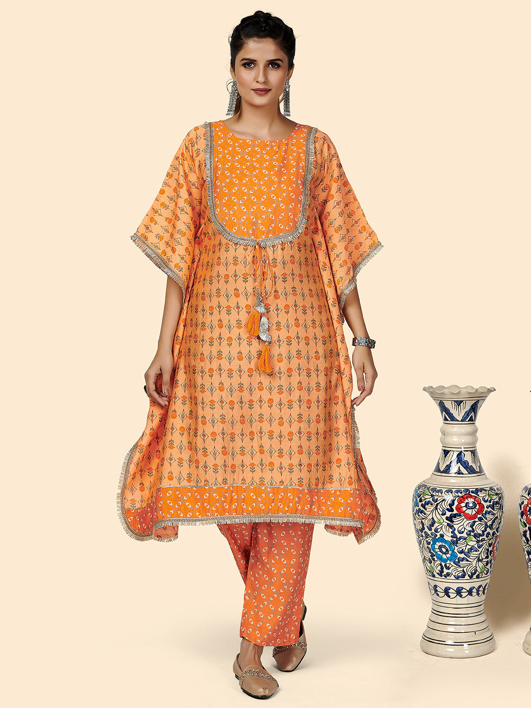 Women's Printed & Gota Patti Work  Muslin Orange Stitched Kaftan Kurta With Pant - Vbuyz