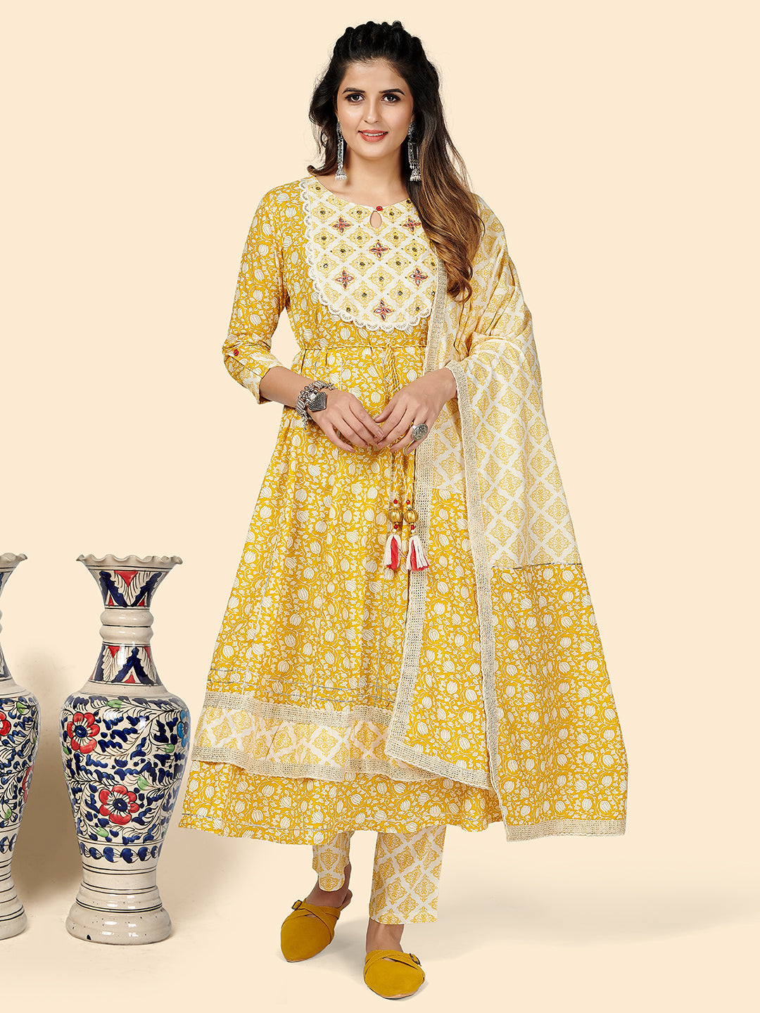 Women's Yellow Anarkali Kurta & Pant With Dupatta By Vbuyz- (3Pcs Set)