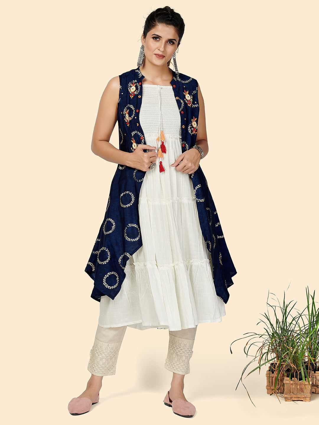 Women's Blue & White Embroidered Anarkali Kurta With Shrug By Vbuyz- (2Pcs Set)