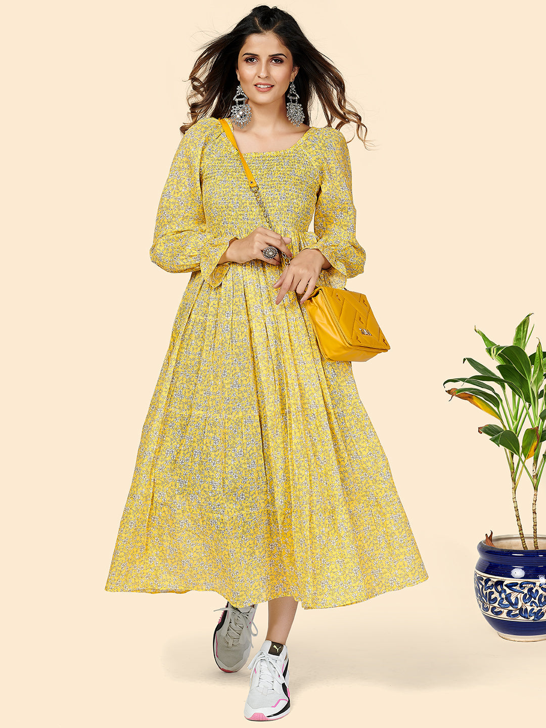 Women's Yellow Printed Anarkali Kurta Dress By Vbuyz- (1Pc Set)