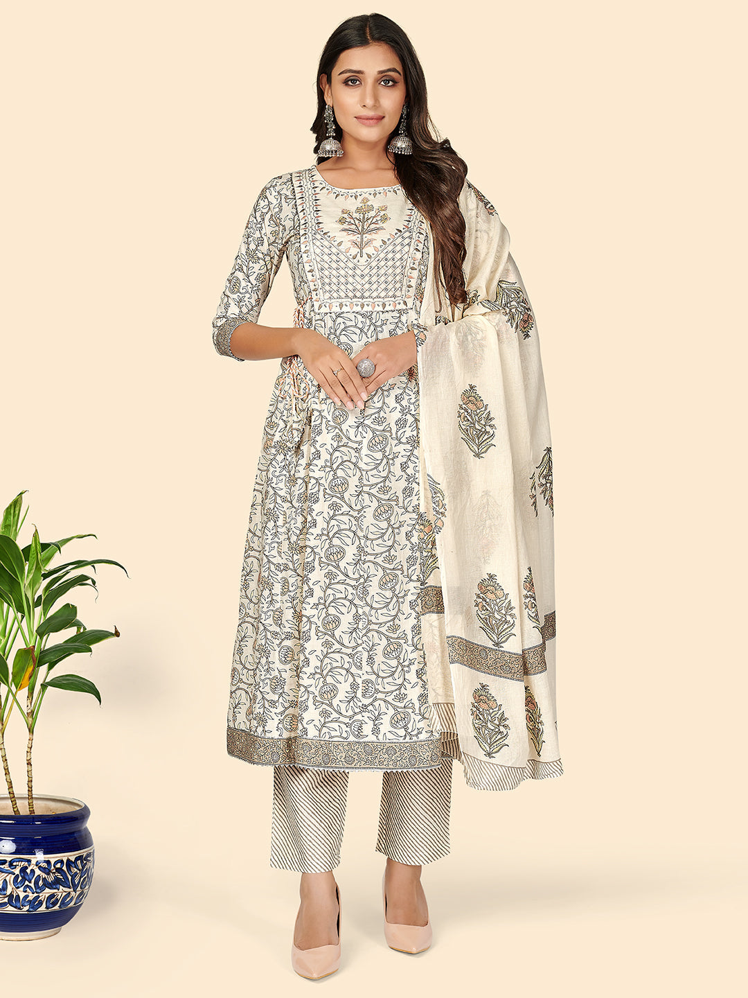 Women's Print & Sequience Straight Cotton Beige Stitched Kurta Pant With Dupatta - Vbuyz