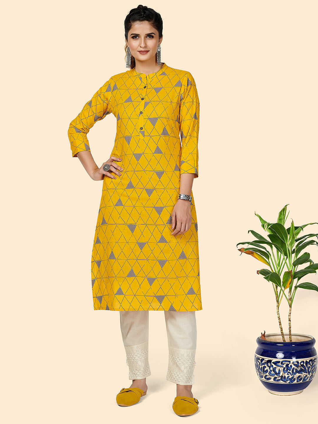 Women's Printed Straight Cotton Yellow Stitched Kurta - Vbuyz