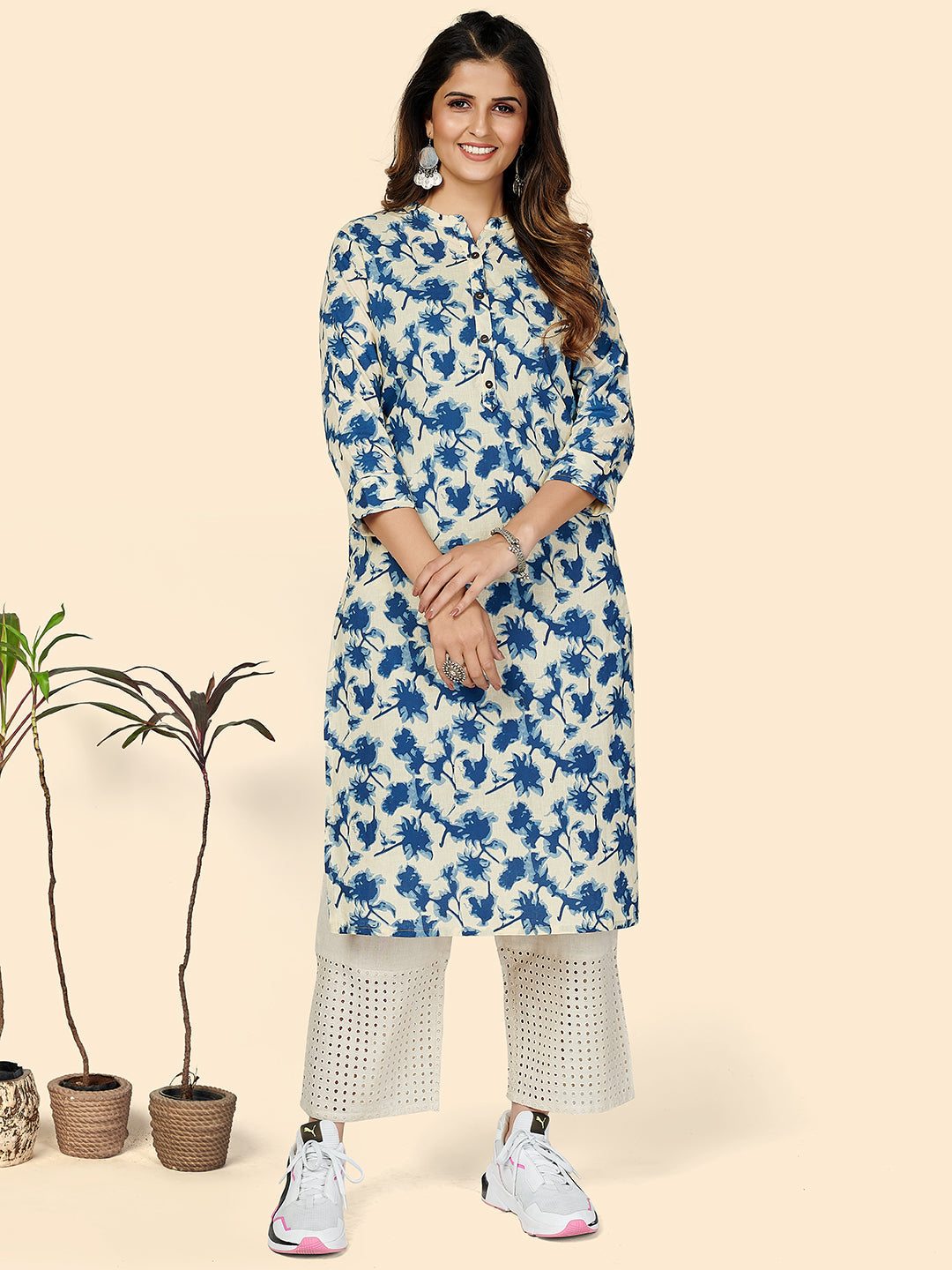 Women's Printed Straight Cotton Blue Stitched Kurta - Vbuyz