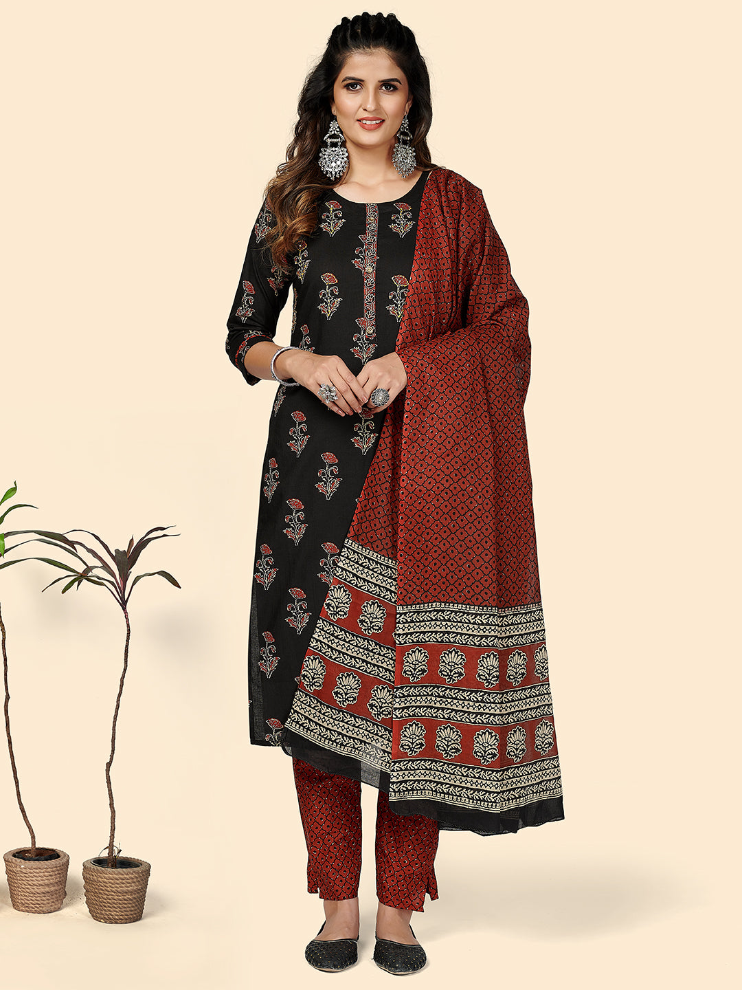 Women's Printed & Sequience Work Straight Cotton Black Stitched Kurta Pant With Dupatta - Vbuyz