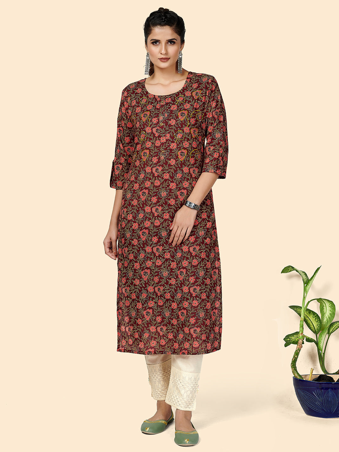 Women's Printed & Sequience Work Straight Cotton Purple Stitched Kurta - Vbuyz