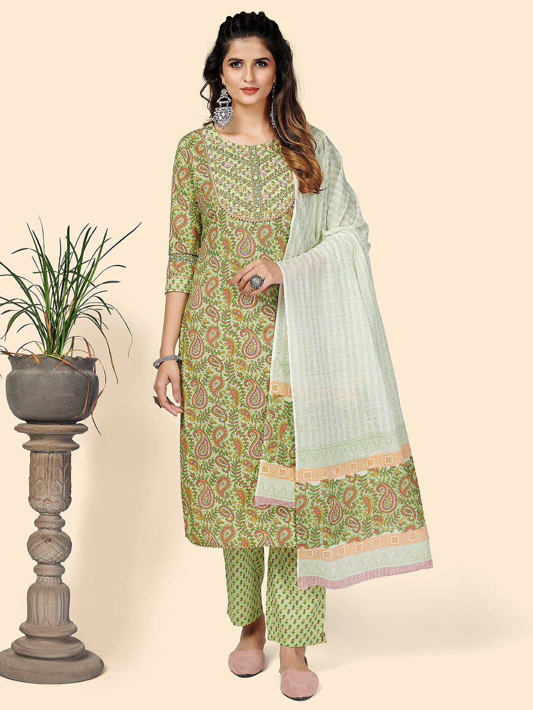 Women's Printed & Embroidered Straight Cotton Green Stitched Kurta Pant With Dupatta - Vbuyz