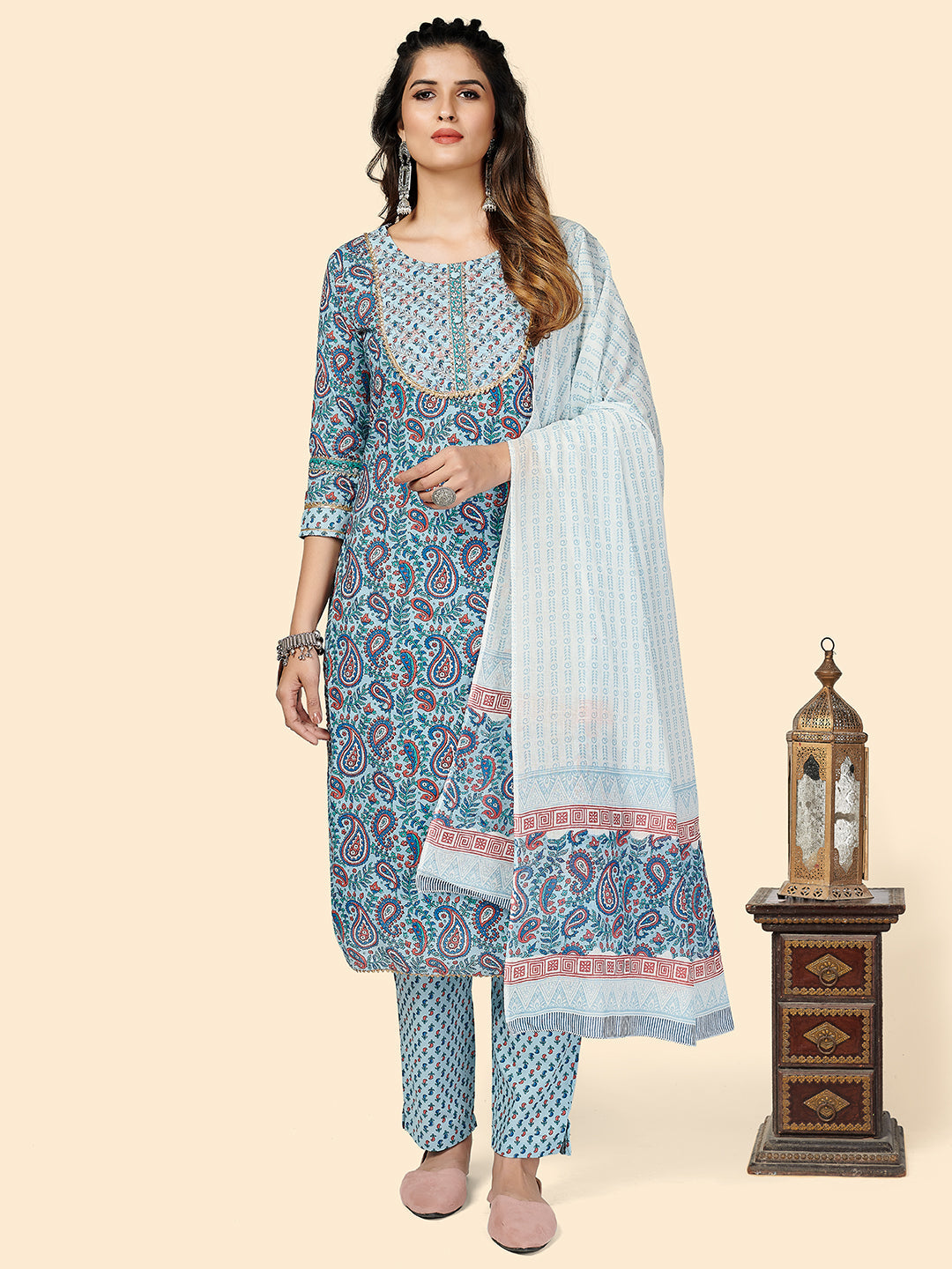 Women's Printed & Embroidered Straight Cotton Blue Stitched Kurta Pant With Dupatta - Vbuyz