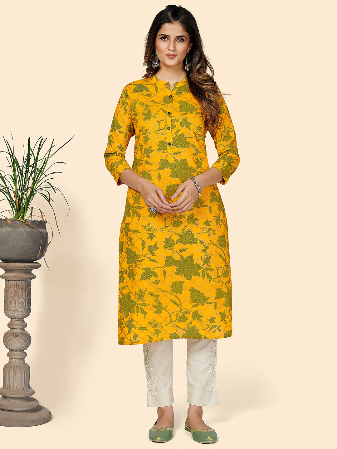 Women's Printed Straight Cotton Yellow Stitched Kurta - Vbuyz