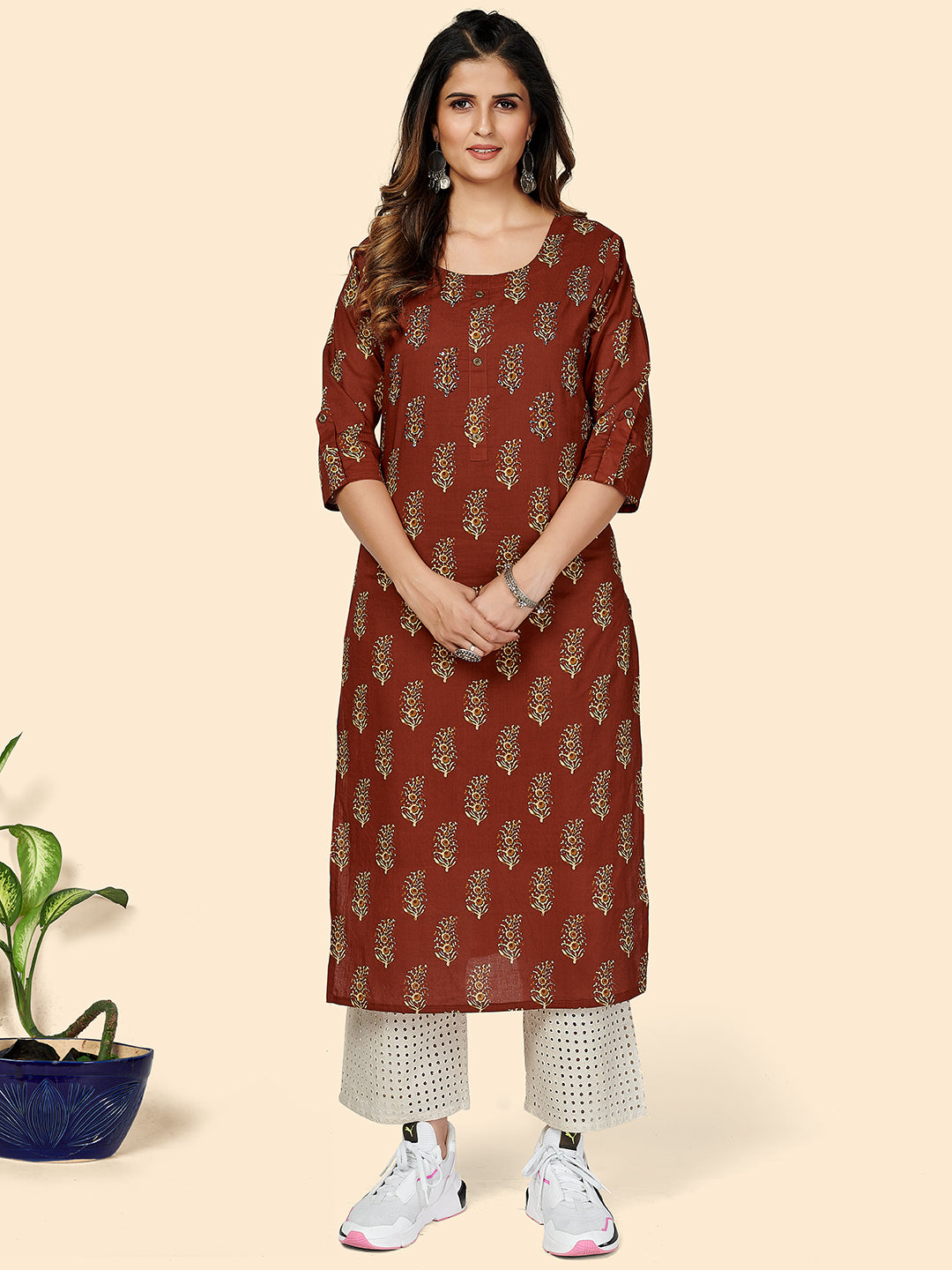 Women's Printed & Hand Work Straight Cotton Red Stitched Kurta - Vbuyz