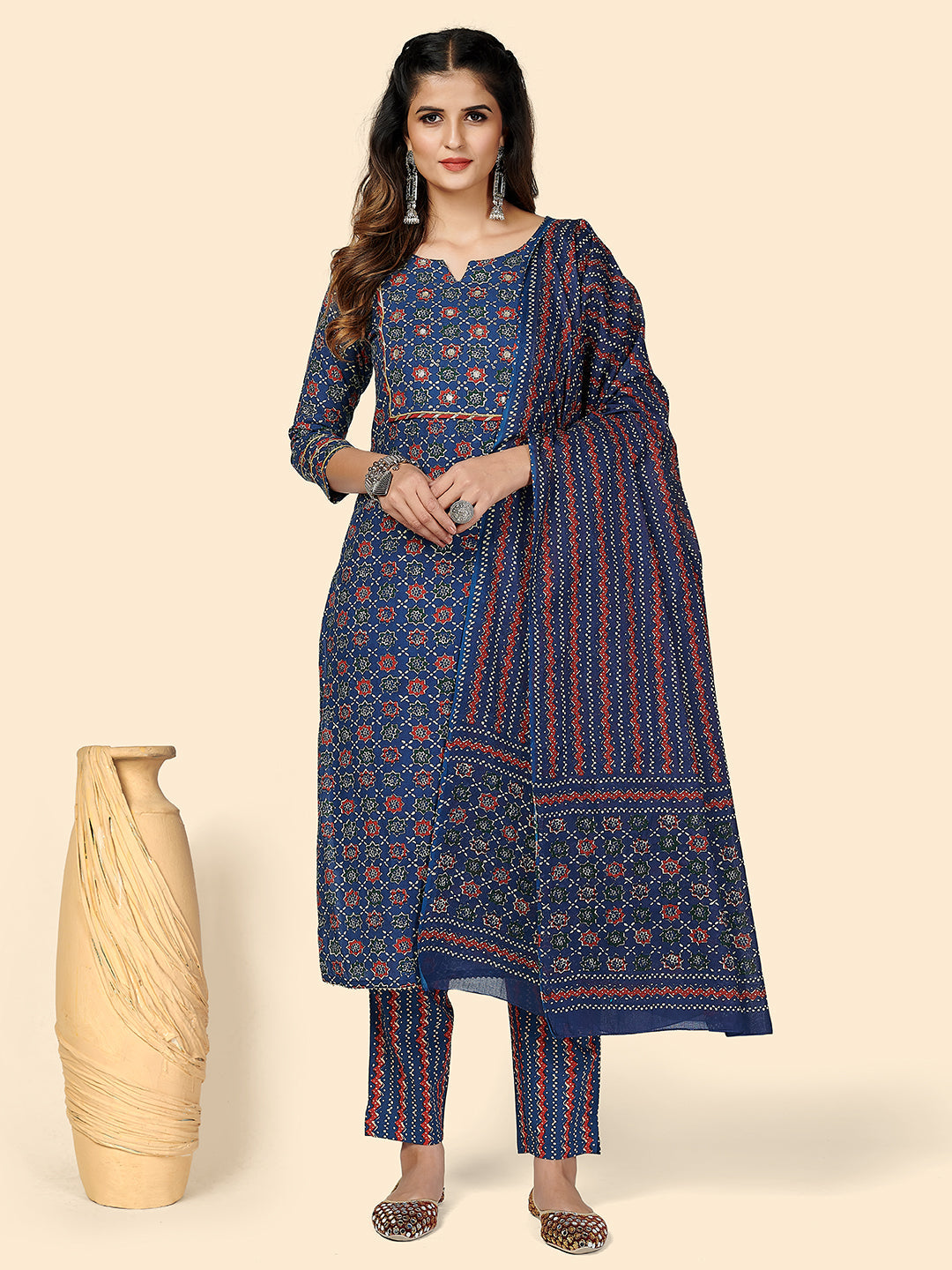 Women's Blue Cotton Kurta & Pant With Dupatta By Vbuyz- (3Pcs Set)