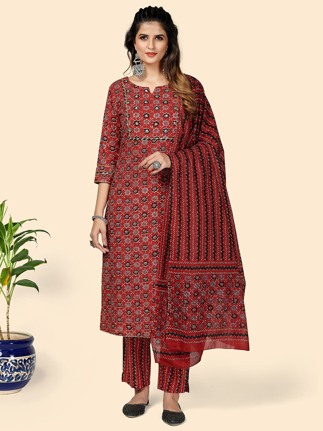 Women's Printed & Gota Patti Work Straight Cotton Red Stitched Kurta Pant With Dupatta - Vbuyz