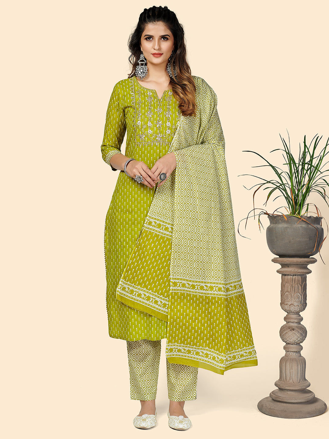 Women's Printed & Embroidered Straight Cotton Parrot Green Stitched Kurta Pant With Dupatta - Vbuyz