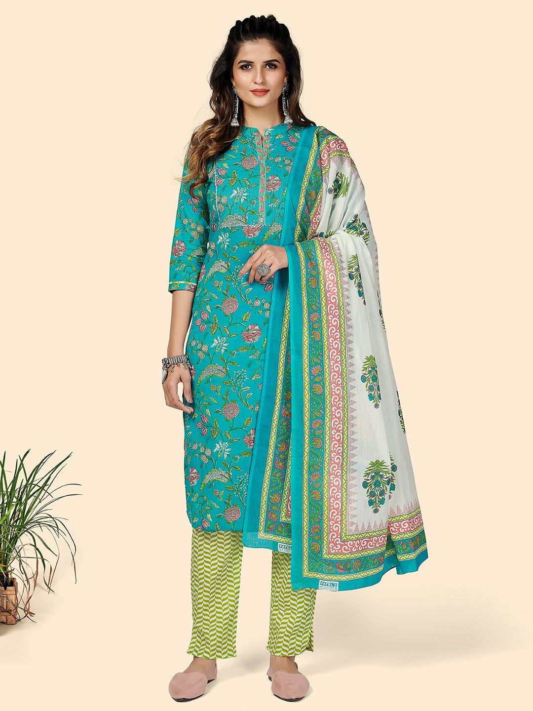 Women's Printed & Gota Patti Work Straight Cotton Turquoise Stitched Kurta Pant With Dupatta - Vbuyz