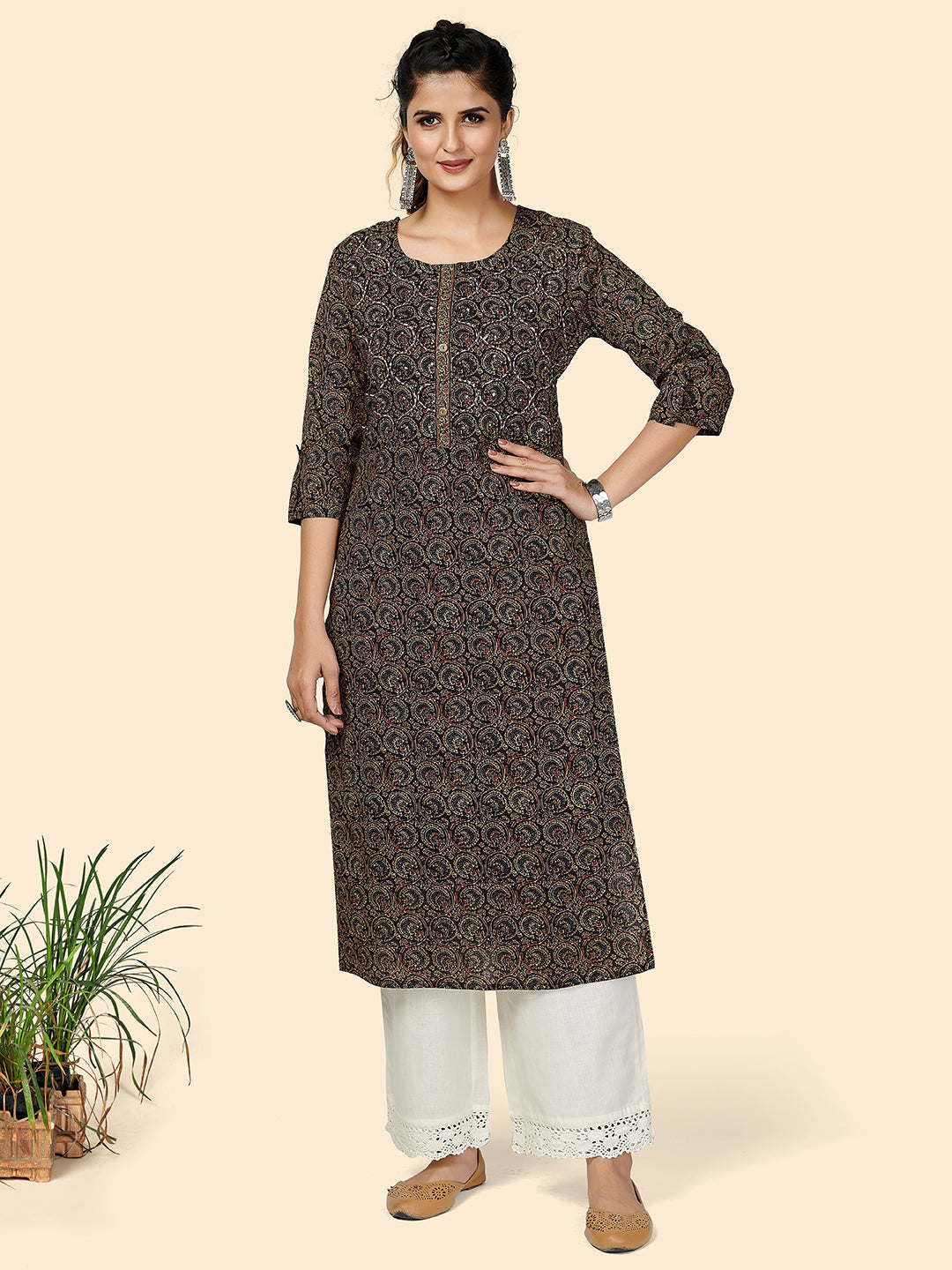 Women's Printed & Hand Work Straight Cotton Black Stitched Kurta - Vbuyz