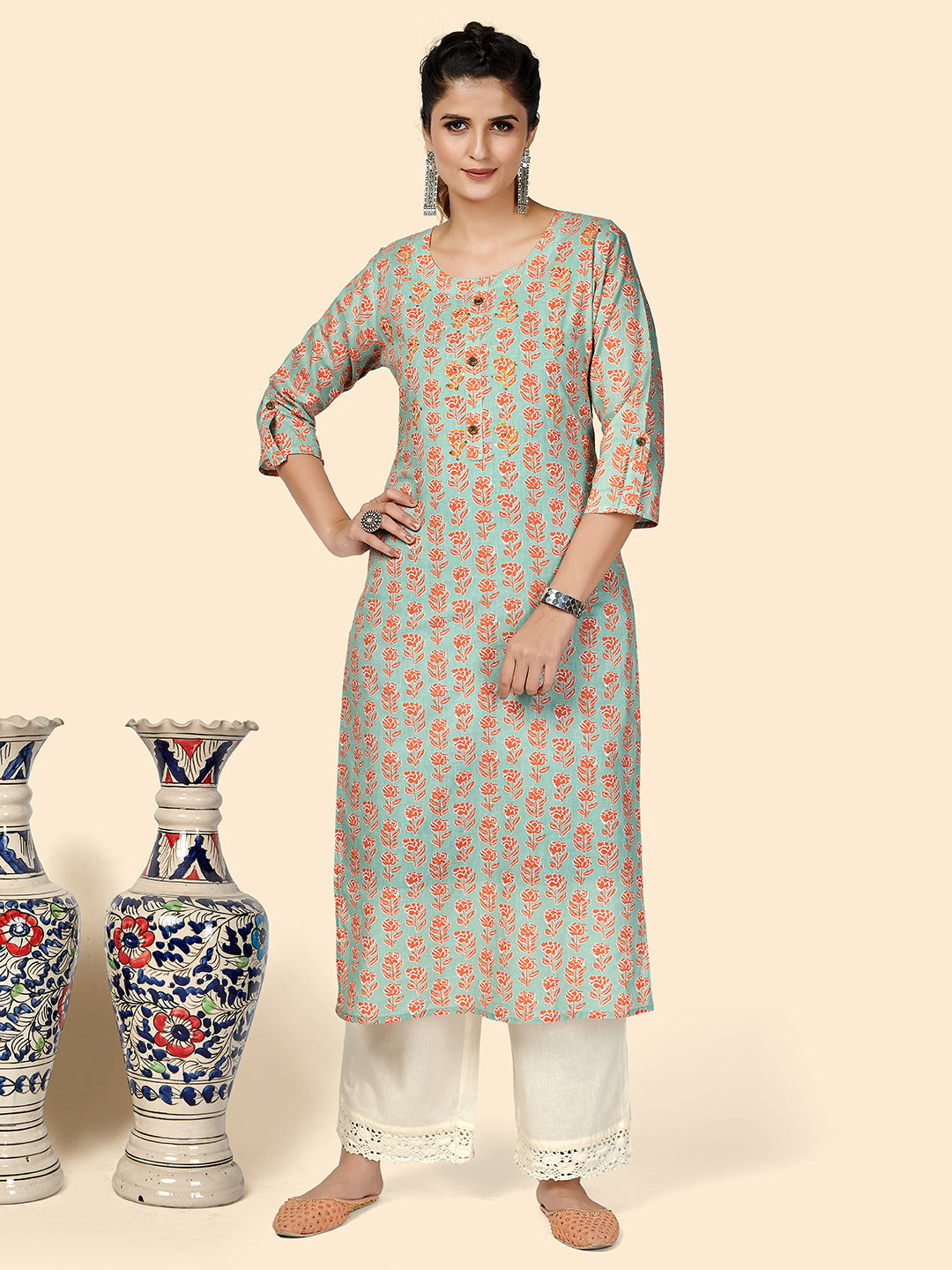 Women's Printed Straight Cotton See Green Stitched Kurta - Vbuyz