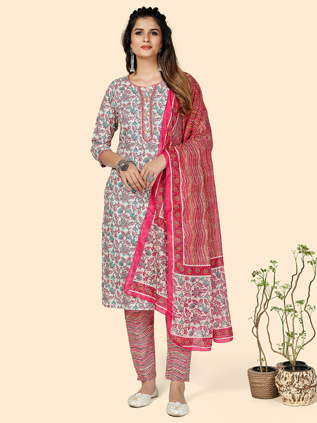 Women's Pink & White Kurta & Pant With Dupatta By Vbuyz- (3Pcs Set)