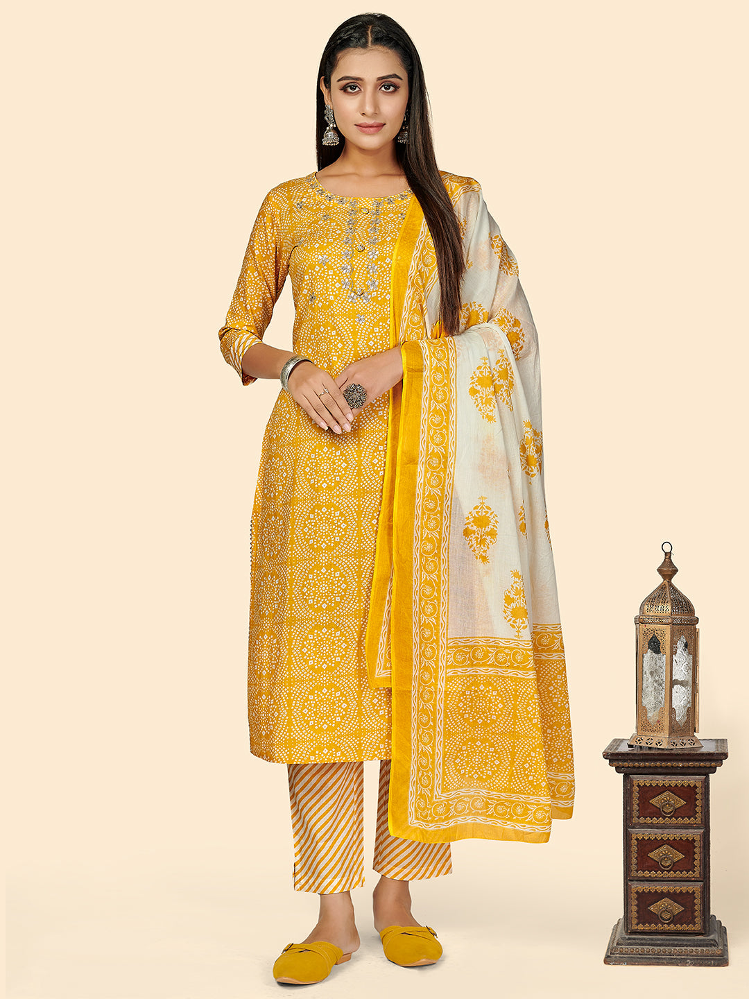 Women's Bandhi Print & Embroidered Straight Cotton Yellow Stitched Kurta Pant With Dupatta - Vbuyz