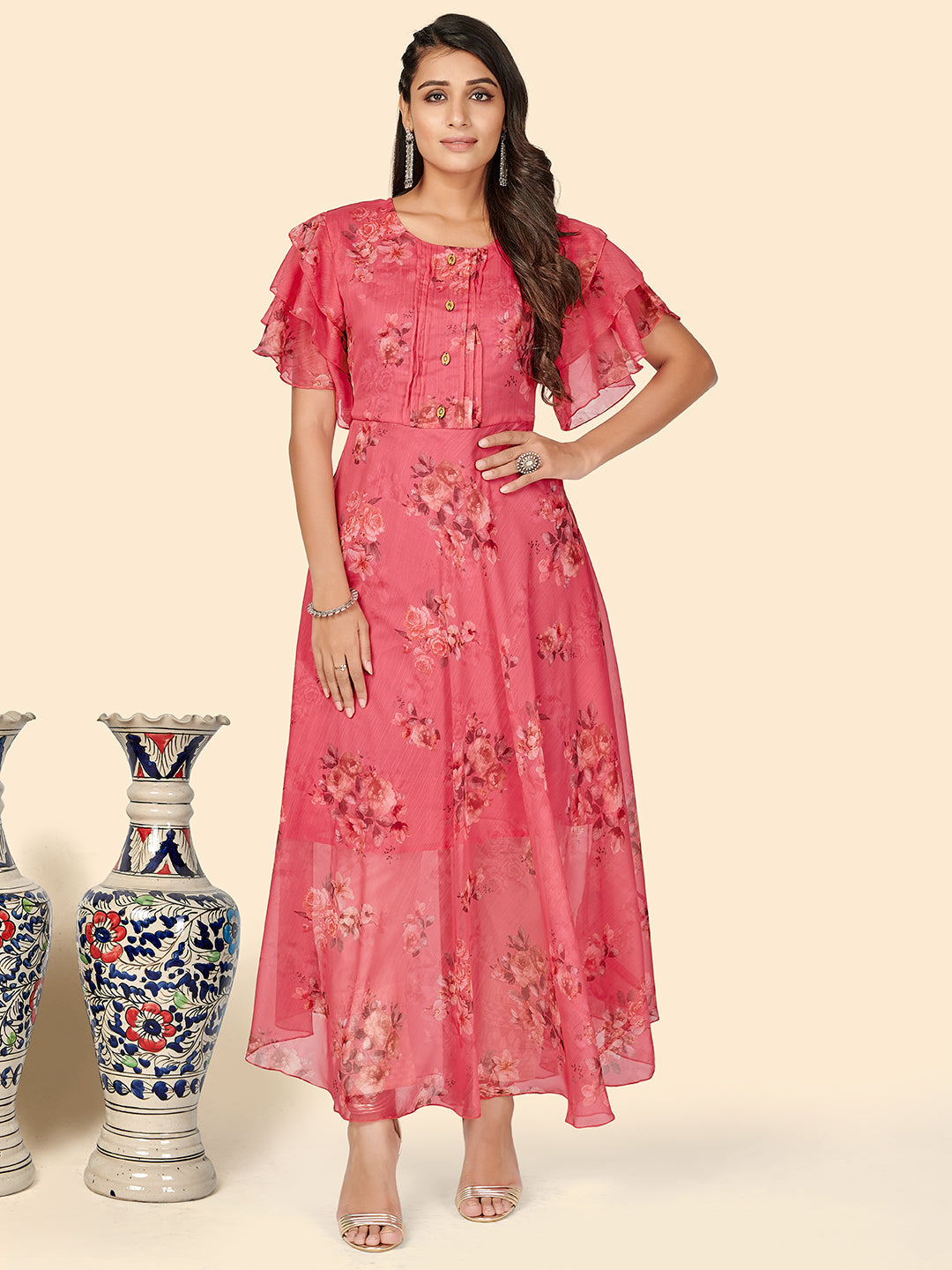 Women's Floral Print Anarkali Georgette Pink Stitched Kurta - Vbuyz