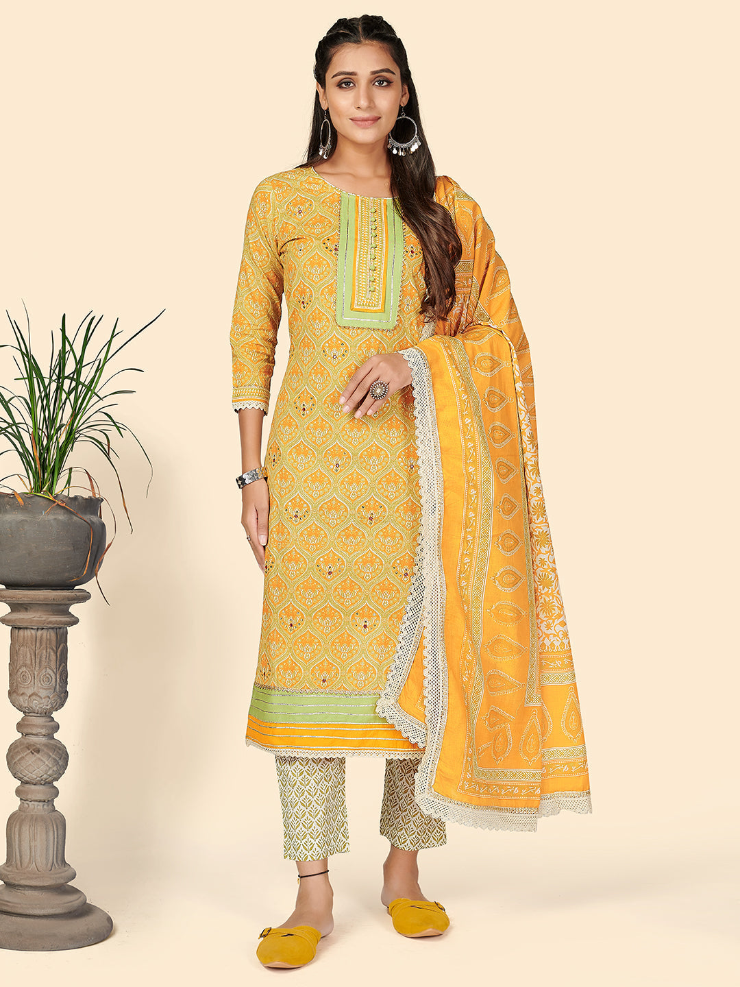 Women's Yellow Cotton Kurta & Pant With Dupatta By Vbuyz- (3Pcs Set)