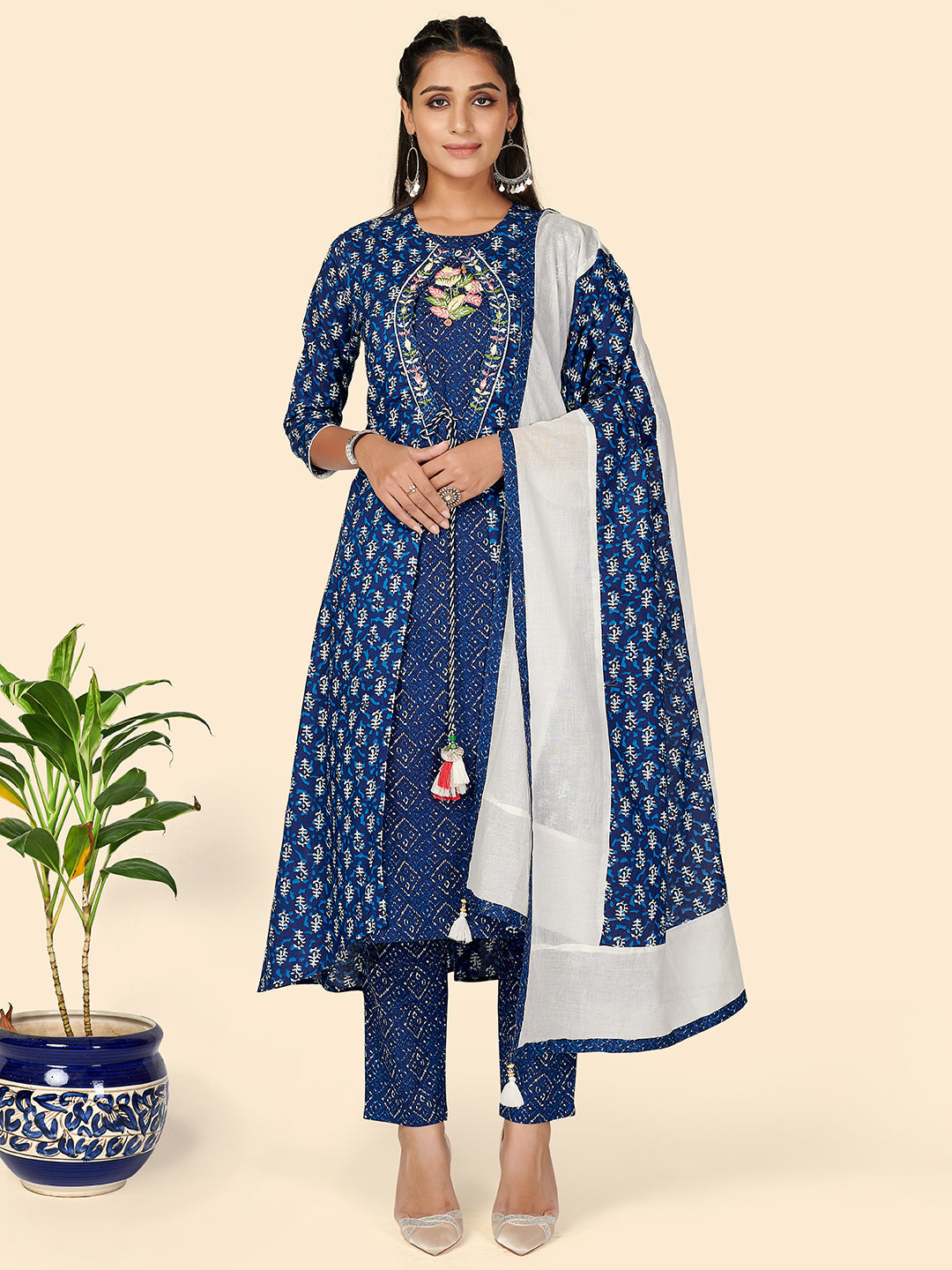 Women's Print & Hand Work Straight Cotton Blue Stitched Kurta Set (Pack Of 4) - Vbuyz