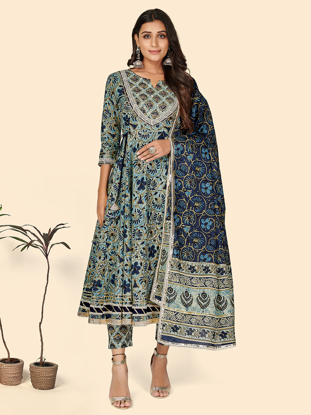 Women's Print & Sequience Anarkali Cotton Blue Stitched Kurta Pant With Dupatta - Vbuyz