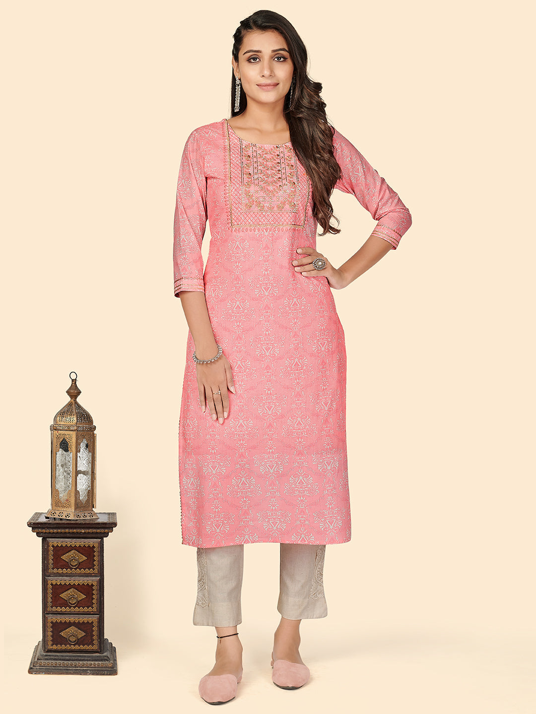 Women's Baby Pink Embroidered Cotton Kurta By Vbuyz- (1Pc Set)