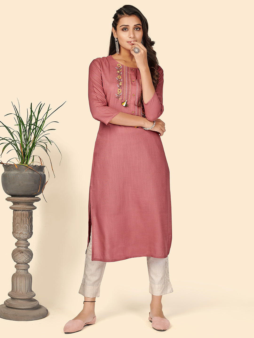 Women's Embroidered Straight Rayon Rust Pink Stitched Kurta - Vbuyz