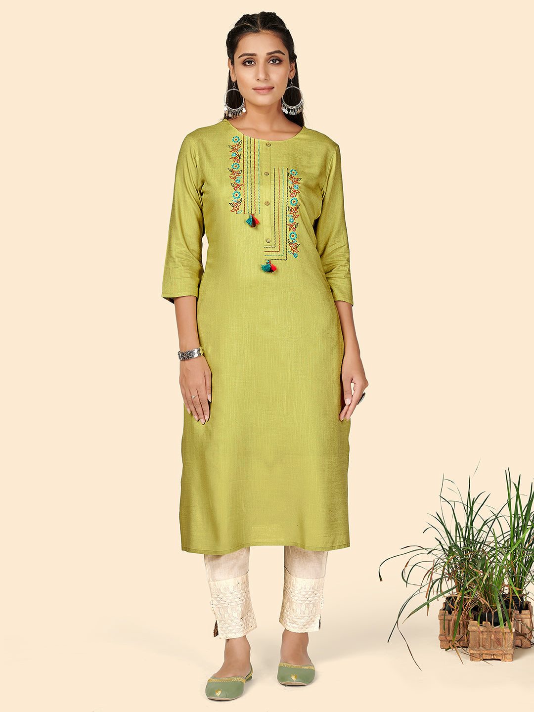 Women's Embroidered Straight Rayon Light Green Stitched Kurta - Vbuyz