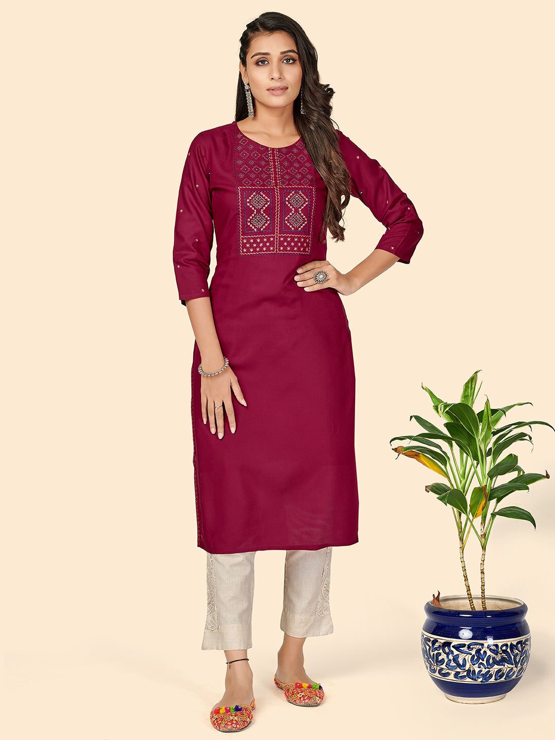 Women's Dark Pink Embroidered Kurta By Vbuyz- (1Pc Set)