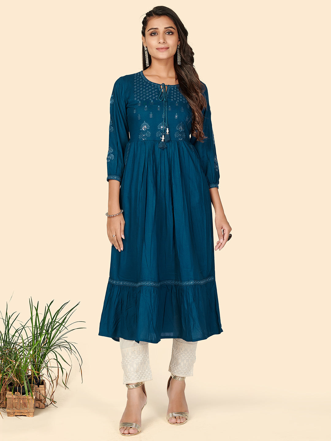 Women's Embroidered Anarkali Rayon Dark Aqua Stitched Kurta - Vbuyz