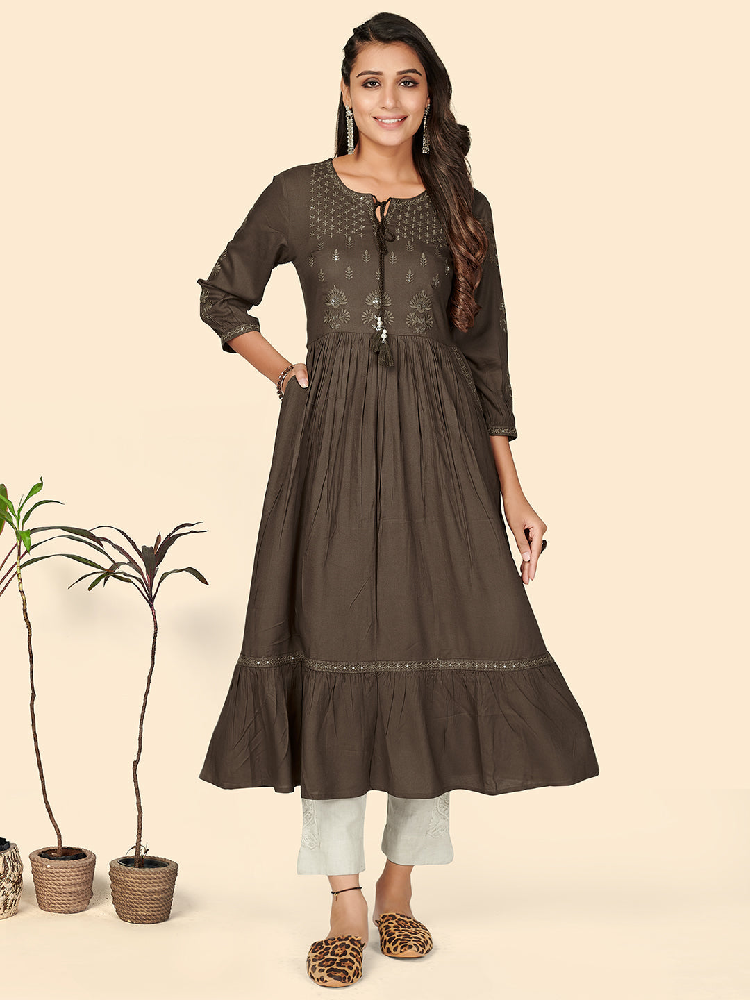 Women's Embroidered Anarkali Rayon Charcoal Stitched Kurta - Vbuyz