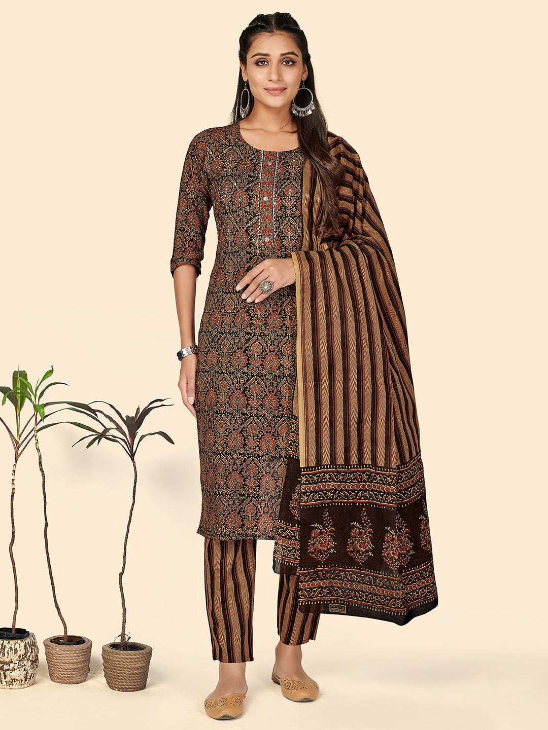 Women's Sequience Straight Cotton Brown Stitched Kurta Pant With Dupatta - Vbuyz