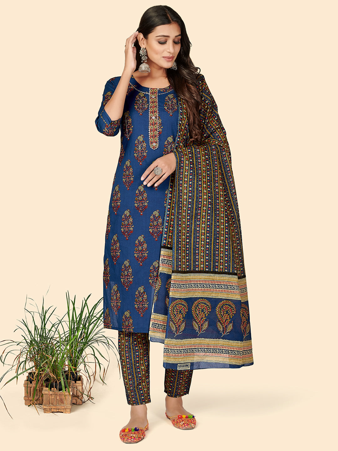 Women's Sequience Straight Cotton Blue Stitched Kurta Pant With Dupatta - Vbuyz