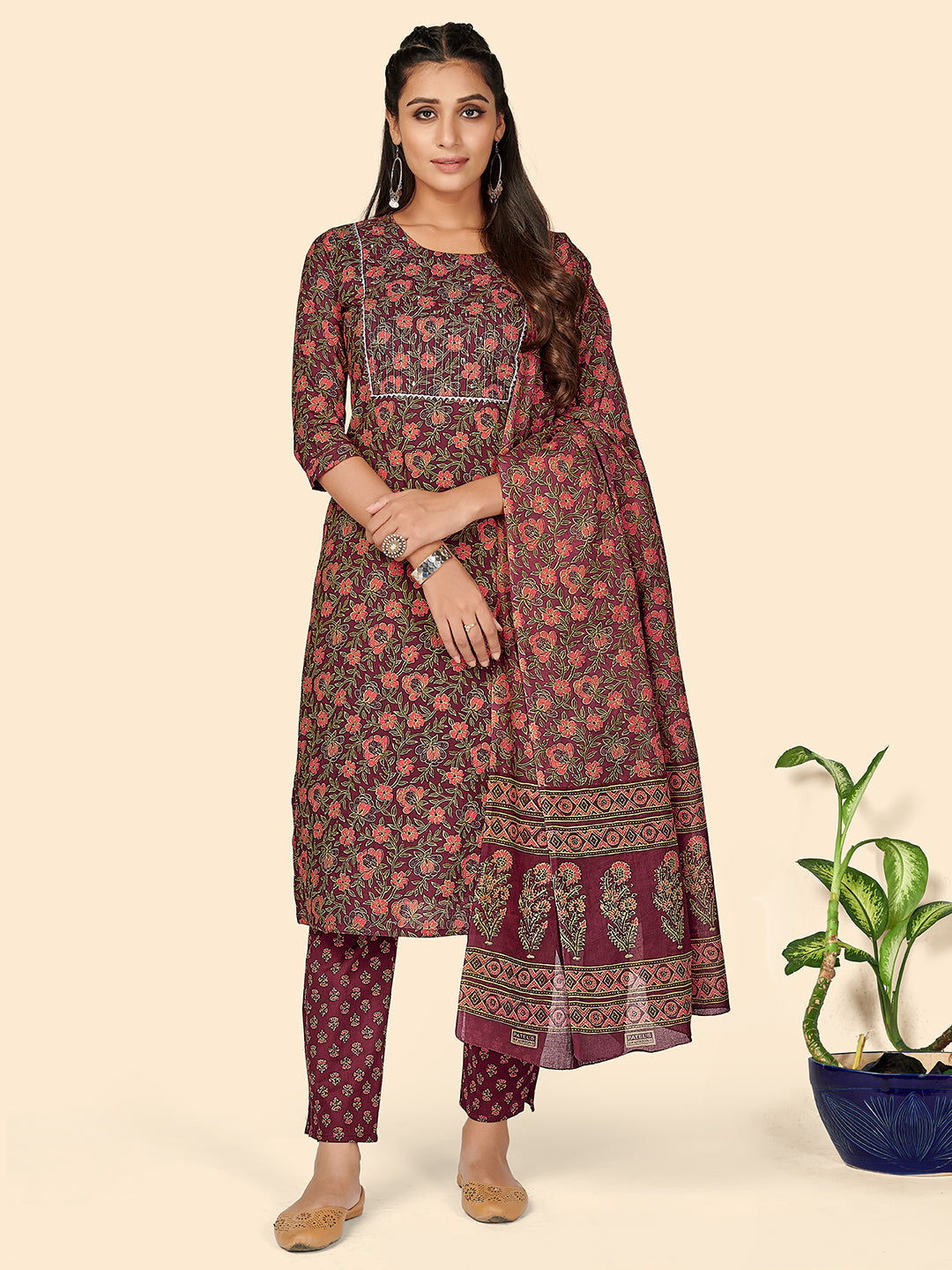 Women's Print & Sequience Straight Cotton Purple Stitched Kurta Pant With Dupatta - Vbuyz