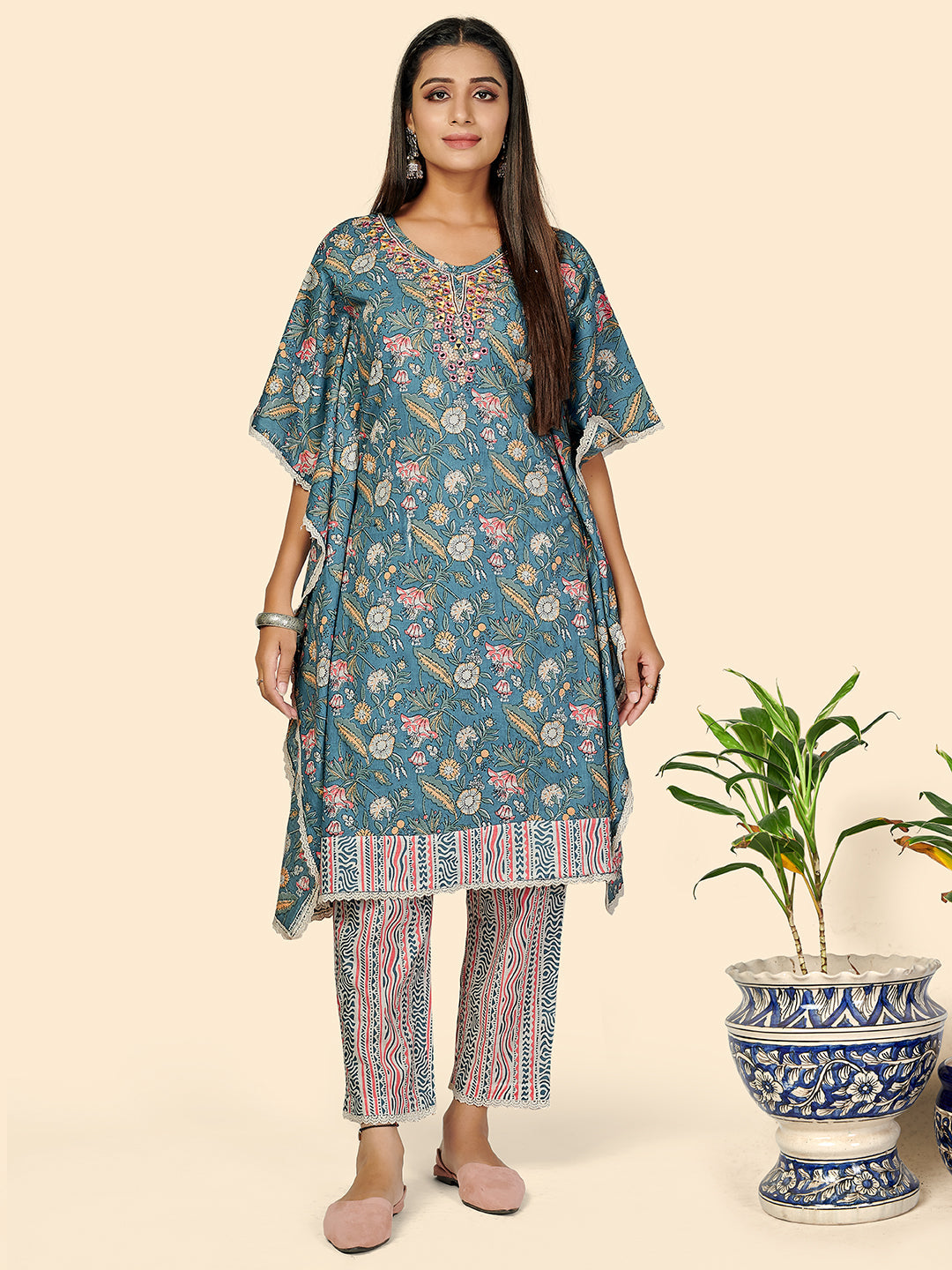 Women's Mirror & Hand Work  Cotton Aqua Blue Stitched Kaftan Kurta With Pant Set - Vbuyz