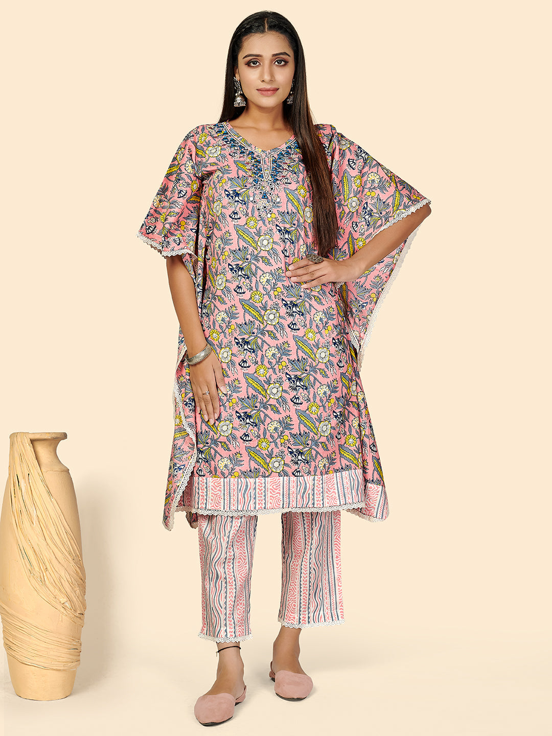 Women's Mirror & Hand Work  Cotton Peach Stitched Kaftan Kurta With Pant Set - Vbuyz