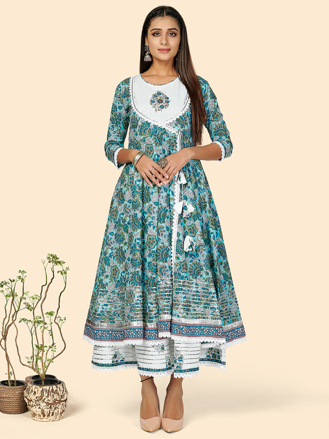 Women's Turquoise Blue Anarkali Kurta With Shrug By Vbuyz- (2Pcs Set)