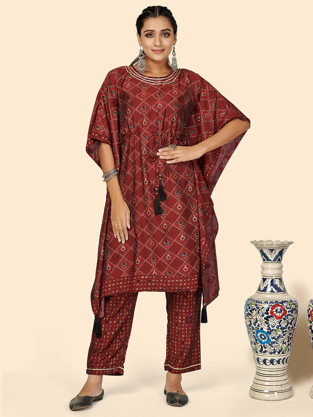 Women's Foil Print  Muslin Maroon Stitched Kaftan Kurta With Pant Set - Vbuyz