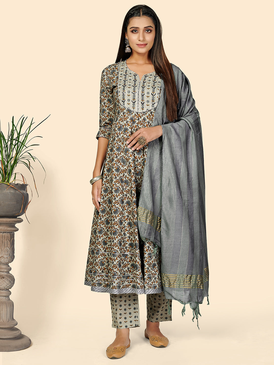 Women's Print & Embroidered Anarkali Cotton Grey Stitched Kurta Pant With Dupatta - Vbuyz