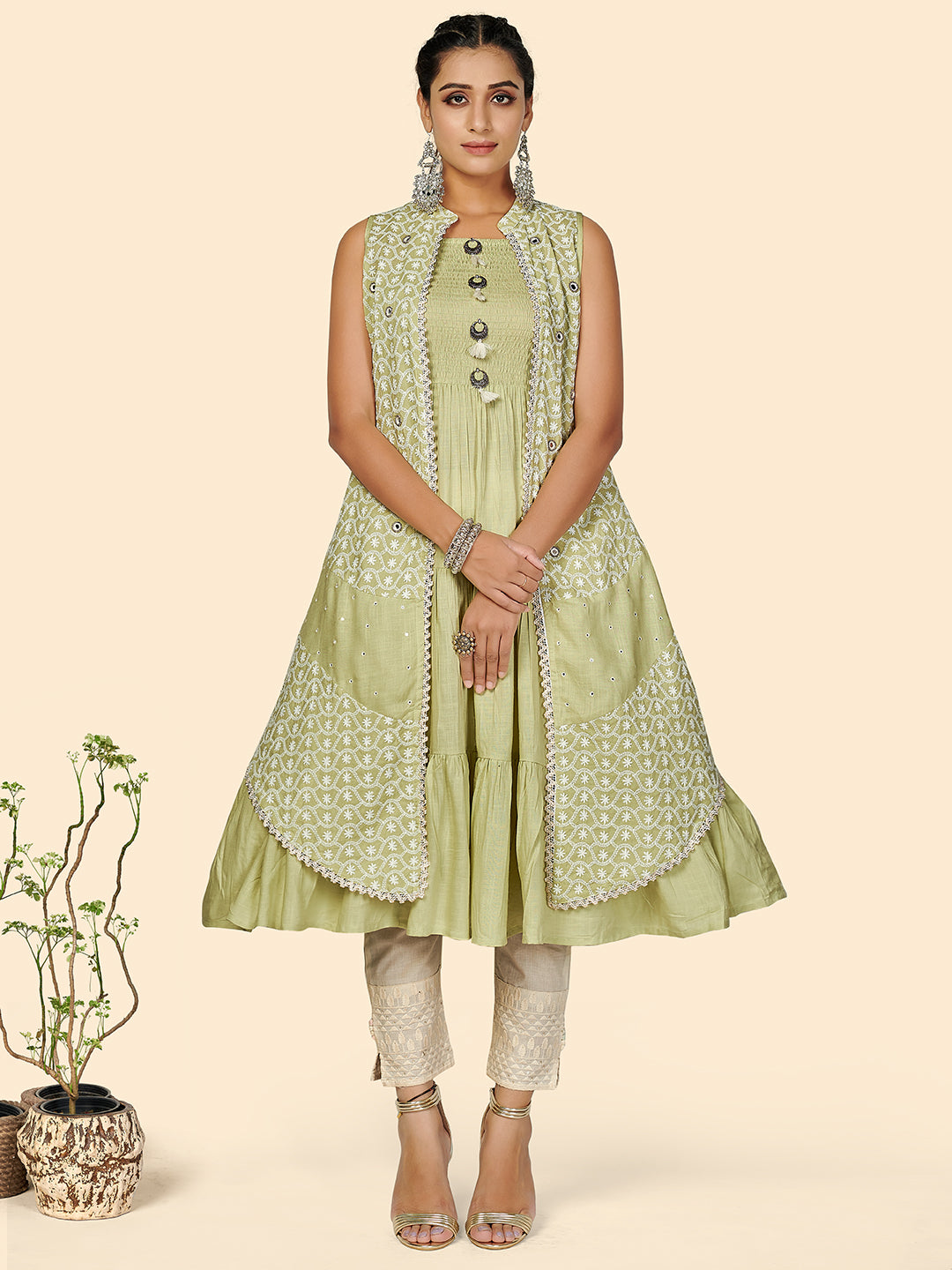 Women's Chikankari Anarkali Cotton Pista Stitched Kurta With Shrug - Vbuyz