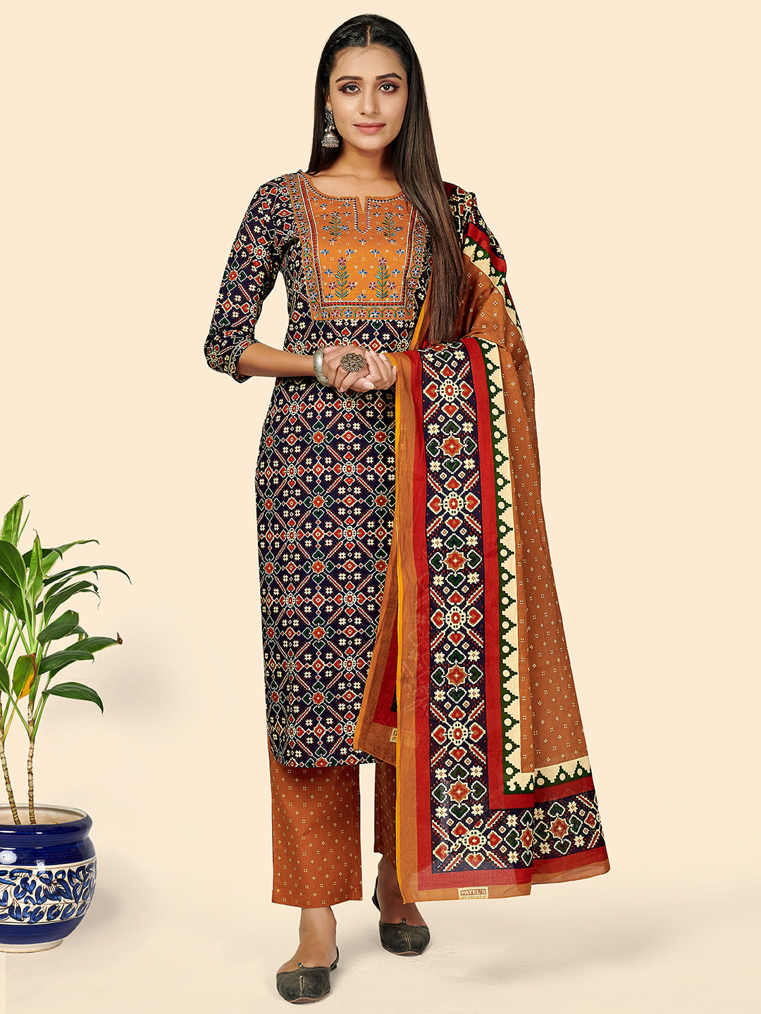 Women's Print & Embroidered Straight Cotton Blue Stitched Kurta Pant With Dupatta - Vbuyz