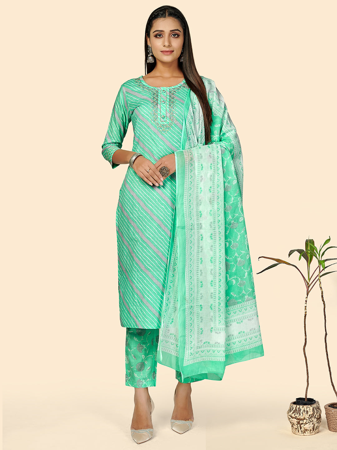 Women's Turquoise Kurta & Pant With Dupatta Set By Vbuyz- (3Pcs Set)