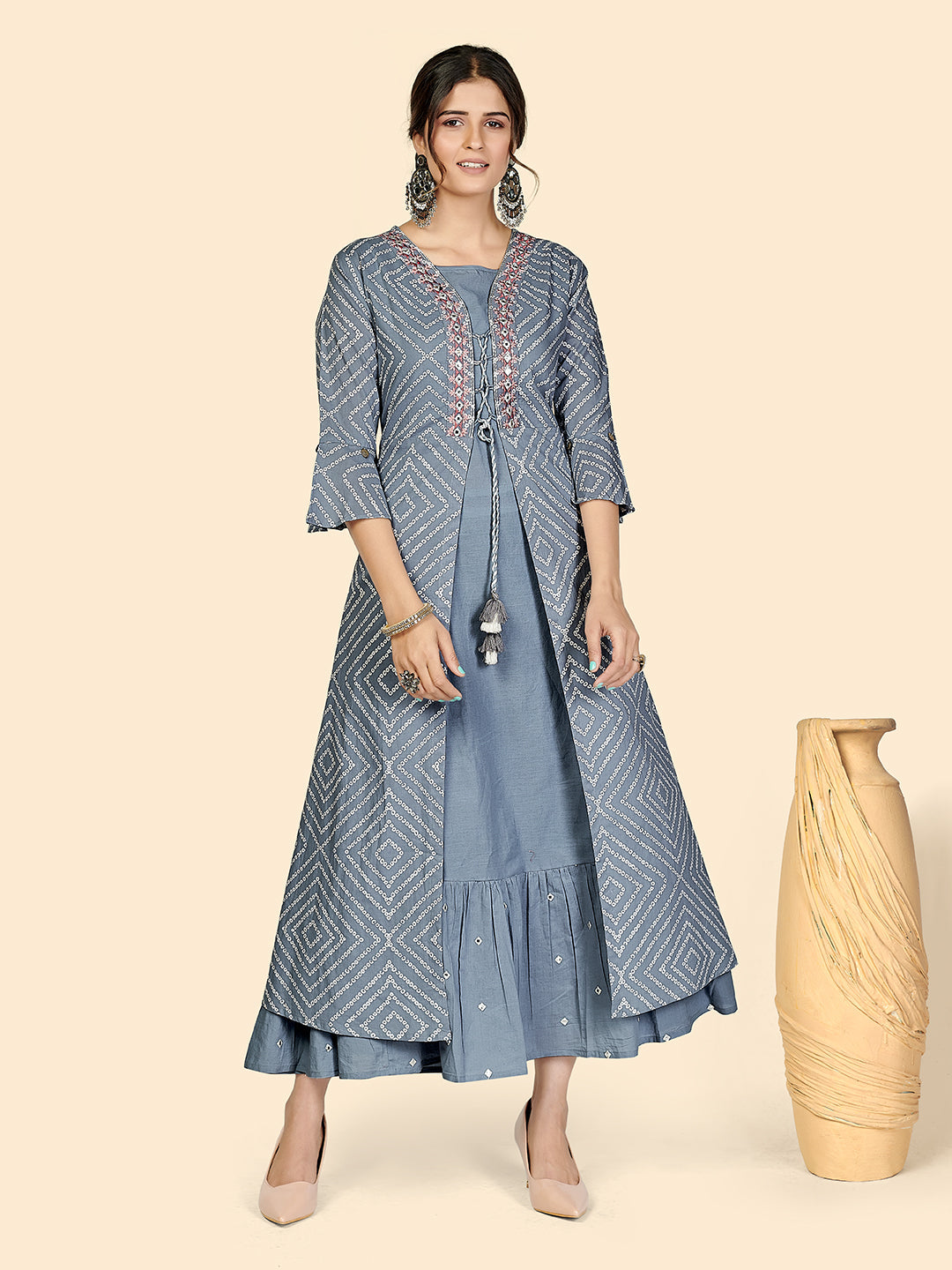 Women's Bandhi & Embroidered Anarkali Cotton Grey Stitched Kurta With Shrug - Vbuyz