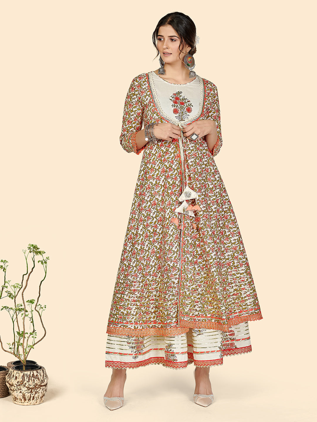 Women's Print & Hand Work Anarkali Cotton Cream Stitched Kurta With Shrug - Vbuyz