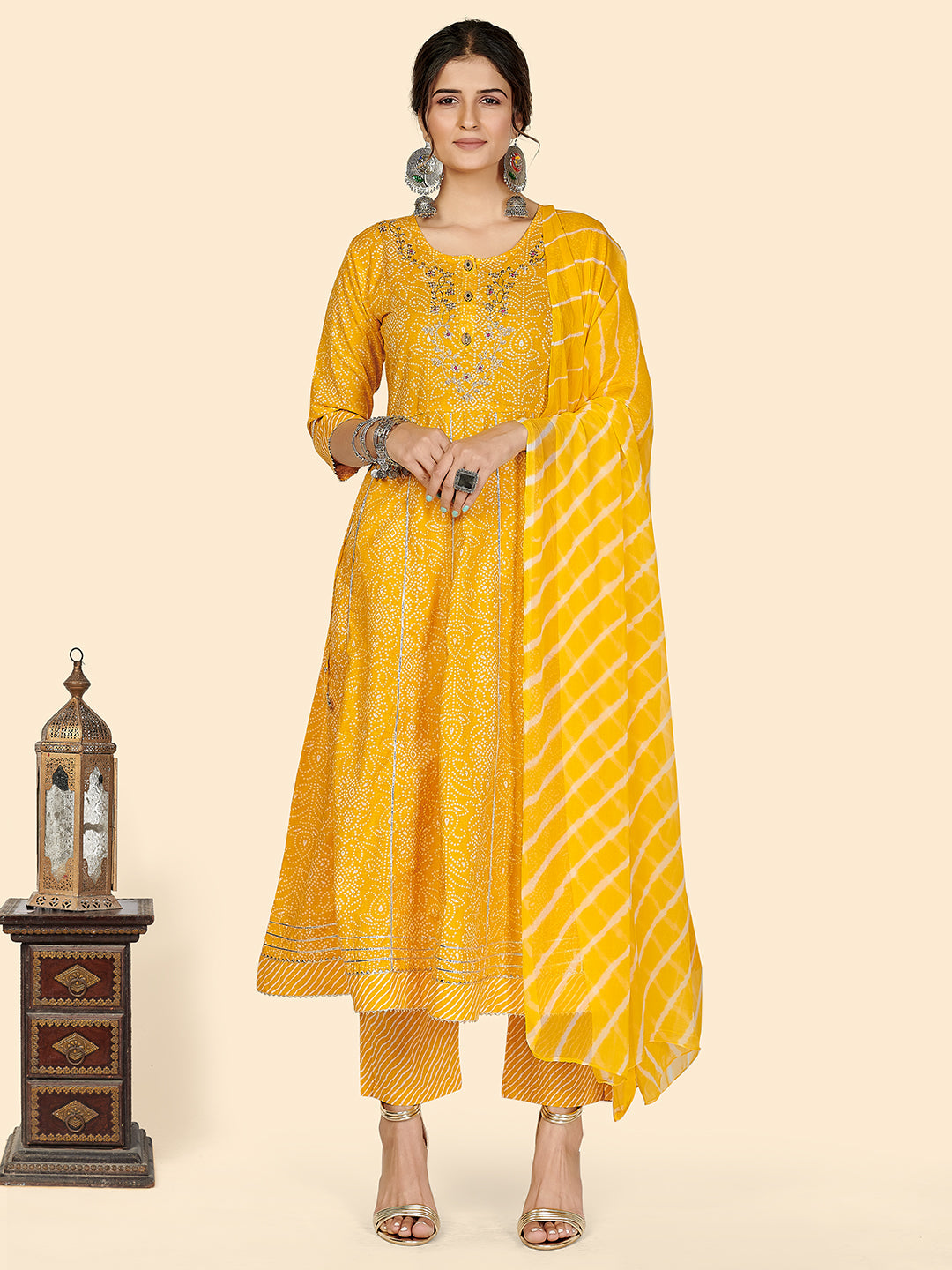 Women's Bandhani & Embroidered Anarkali Cotton Yellow Stitched Kurta Pant With Dupatta - Vbuyz