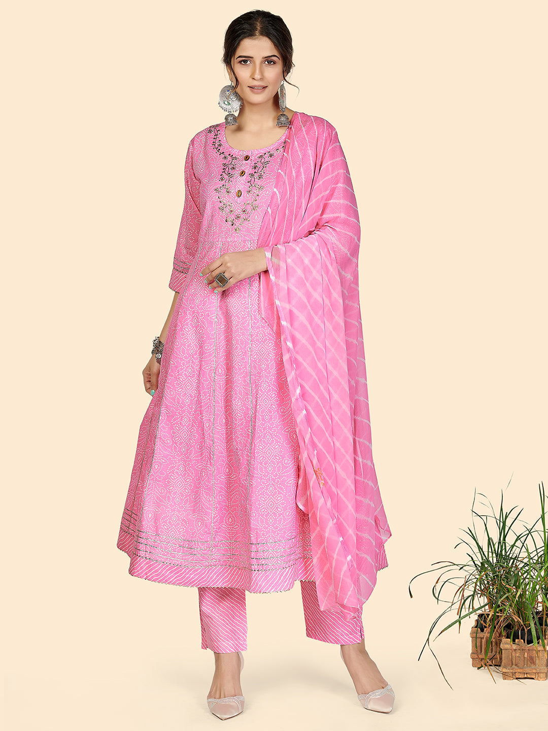 Women's Bandhani & Embroidered Anarkali Cotton Baby Pink Stitched Kurta Pant With Dupatta - Vbuyz