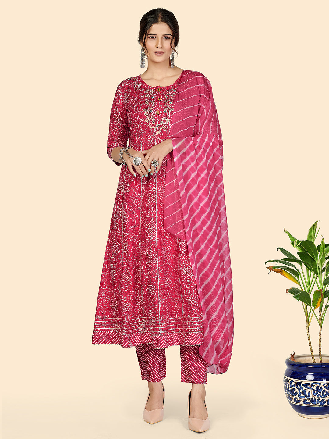 Women's Bandhani & Embroidered Anarkali Cotton Dark Pink Stitched Kurta Pant With Dupatta - Vbuyz