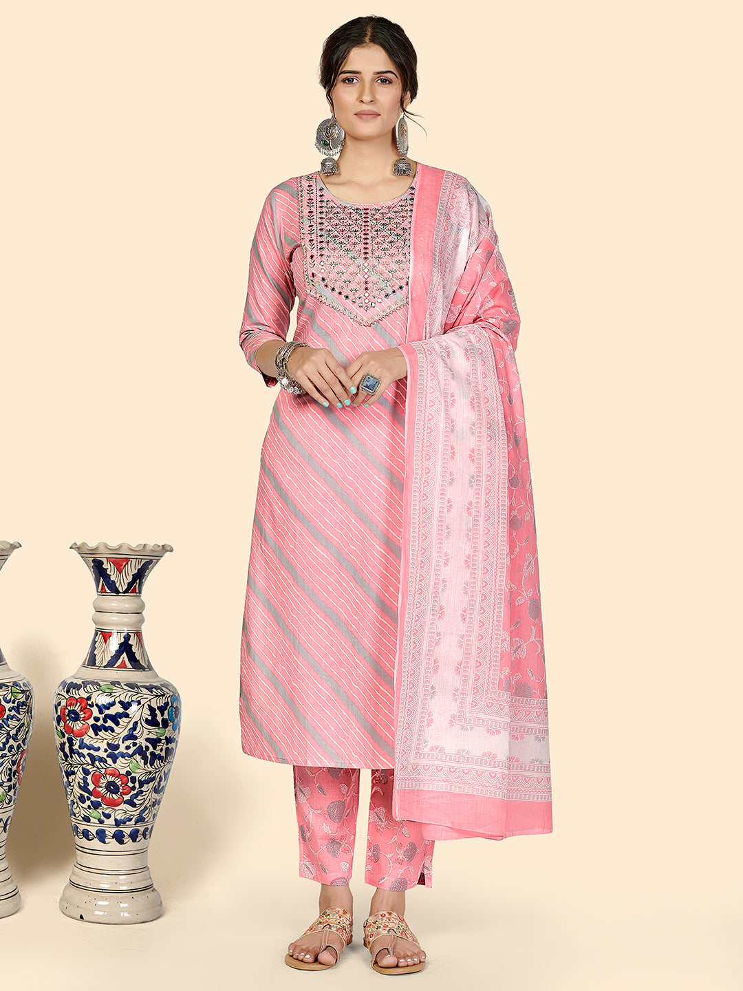 Women's Pink Cotton Kurta With Pant & Dupatta By Vbuyz (3Pcs Set)